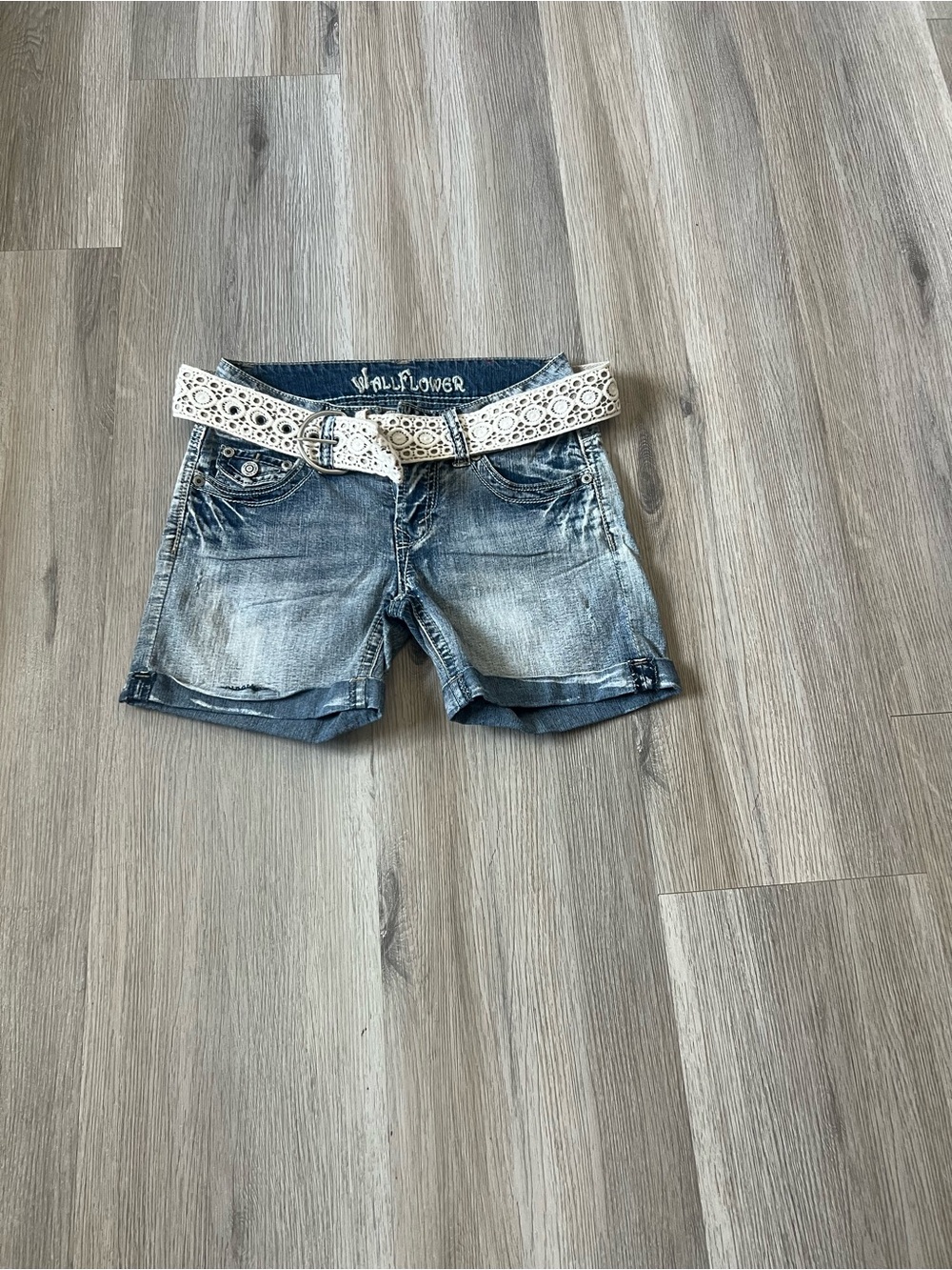 Wallflower Light Wash Denim Shorts with White Eyelet Belt